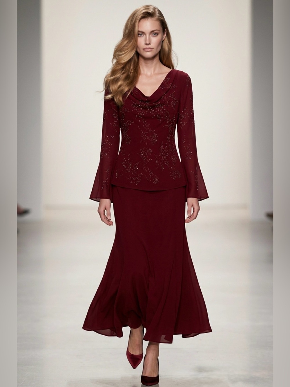 Classic Burgundy Maxi Skirt with Flared Hem - Picture 6 of 15